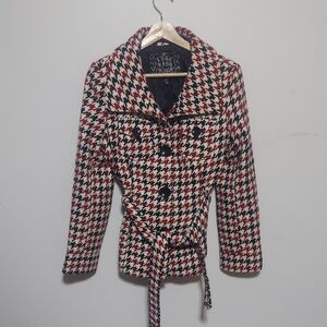 Last Kiss Black and Red Houndstooth Pea Coat - Juniors Size Small To Medium